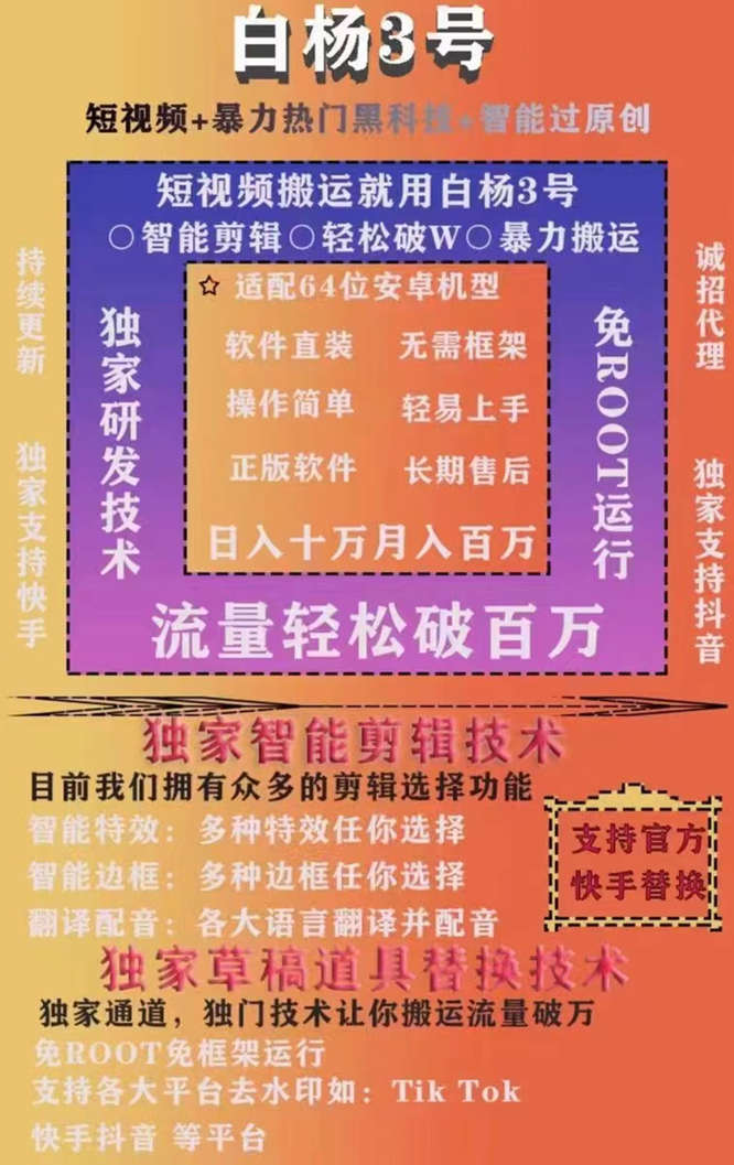 2023白杨3号搬运软件，短视频热门黑科技，智能过原创，支持抖音快手双平台